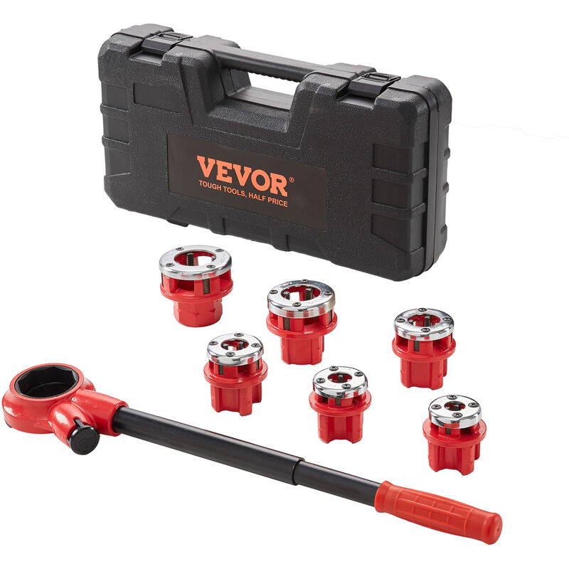 foto del prodotto vevor kit di filettatura dei tubi con cricchetto set di 6 matrici 1 4 npt 1 1 4 npt teste idrauliche manuali portatili in valigetta per tubi, kit