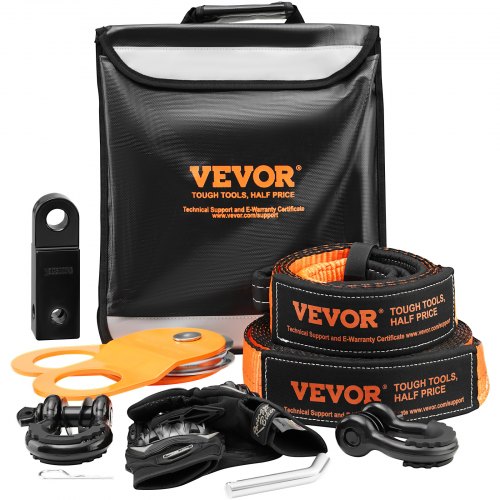 foto del prodotto vevor kit di recupero fuoristrada, 7,6x914,4 cm, cinghie di traino 13608 kg, 20 t, ricevitore grillo, puleggia con blocco di strappo, guanti, borsa di stoccaggio per camion jeep atv