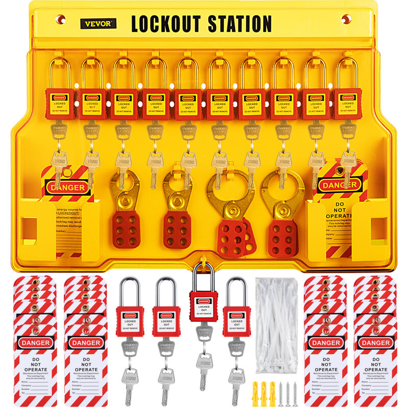 foto del prodotto vevor kit di tagout di blocco di sicurezza da 58 pz, set di lucchetti di sicurezza con stazione di tagout da 55.8 x 39.3 cm, uso per macchinari,