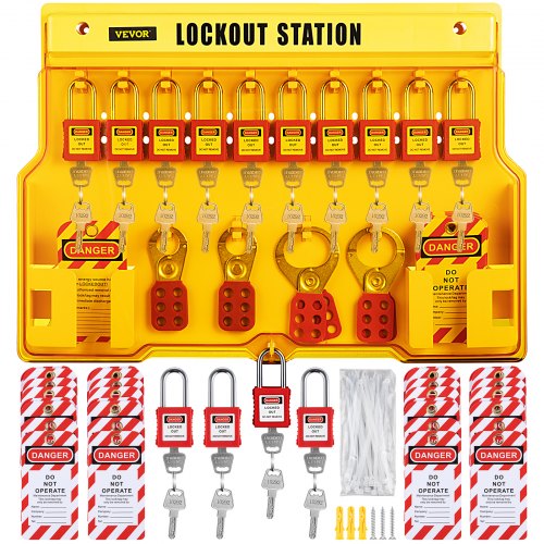 foto del prodotto vevor kit di tagout di blocco di sicurezza da 58 pz, set di lucchetti di sicurezza con stazione di tagout da 55.8 x 39.3 cm, uso per macchinari, apparecchiature elettriche, lavori industriali, ecc.
