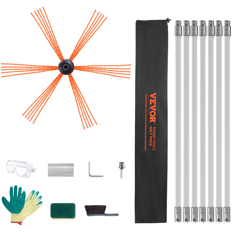 foto del prodotto vevor kit spazzacamino per stufa a pellet 7 m spazzola per pulizia girevole 360 con 7 aste flessibili in nylon, kit spazzacamino per canne fumarie