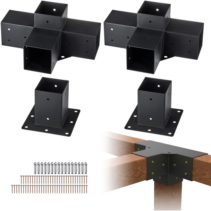 foto del prodotto vevor kit staffe per pergola 10x10 cm supporto per pali in legno da carpenteria 2 staffe angolari a 4 vie 2 basi per travi fai da te per gazebo,