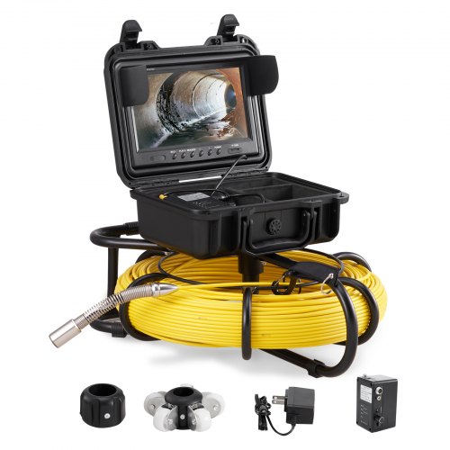 foto del prodotto vevor kit telecamera con endoscopio per ispezione di fognatura schermo lcd colorata 9 pollici cavo impermeabile 120m, telecamera ispezione portatile batteria 4500 mah per tubi angolazione visiva 130 