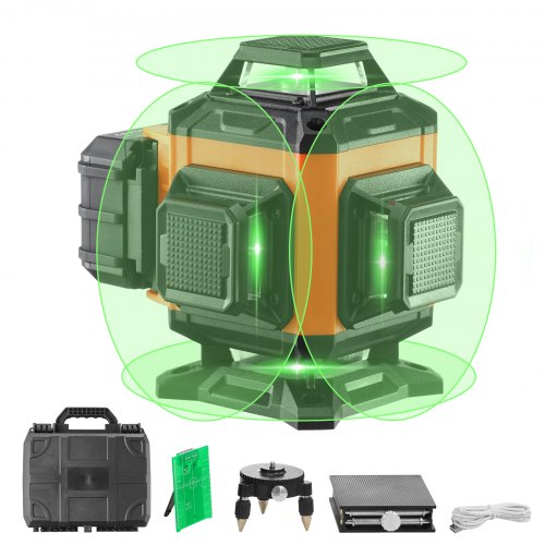 foto del prodotto vevor livella laser raggio max. 30m livella laser 360 x 4 linee trasversali verdi modalit manuale autolivellamento lunghezza d onda laser 520nm 10nm precisione tra 0,28cm 10m, livella laser