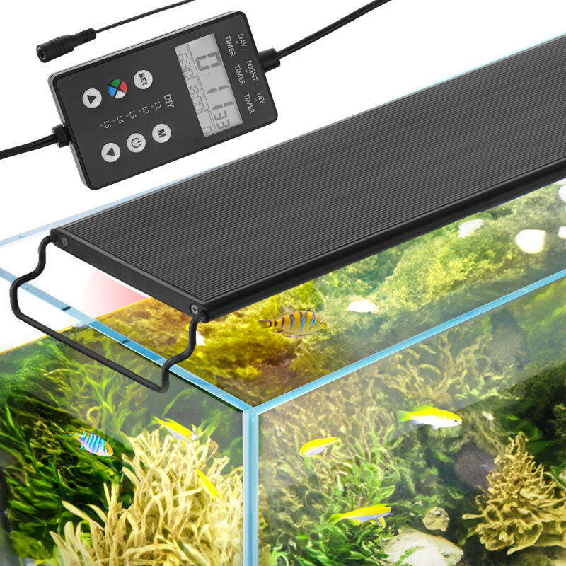 foto del prodotto vevor luce per acquario con schermo lcd a spettro completo 18 w, lampada acquario modalita naturale 24 7, staffe estensibili guscio lega di alluminio