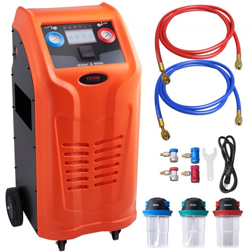 foto del prodotto vevor macchina automatica per recupero di refrigeranti 1000w adatto per r134a r1234yf uso automobilistico, recuperatore per refrigeranti all in one 62x74x135cm con schermo 7 pollici per olio pag poe