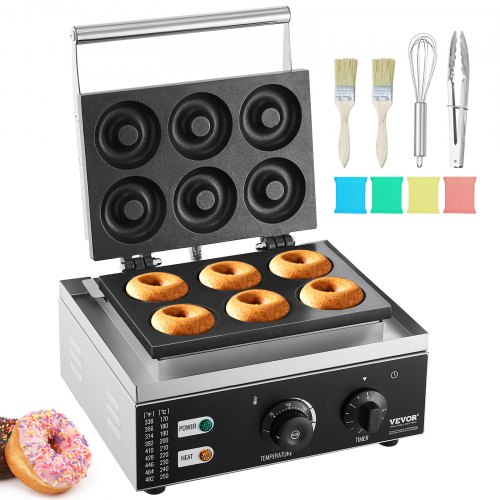 foto del prodotto vevor macchina per ciambelle elettrica 1550 w macchina per ciambelle commerciale con superficie antiaderente, entrambi lati, produce 6 ciambelle, temperatura 50-300 ℃, per ristorante, uso domestico