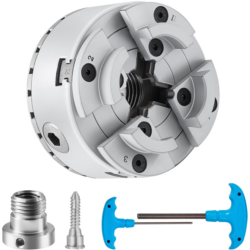 foto del prodotto vevor mandrino per tornio per legno 70mm mandrino per tornio a 4 griffe kp2 3 4 mandrino per tornitura di legno, utensile autocentrante con chiave a