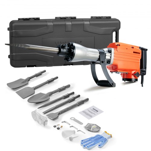 foto del prodotto vevor martello demolitore per calcestruzzo 2200w 6 punte a scalpello per 1400bpm, kit di martello demolitore elettrico 220v per lavorazione su cemento mattoni piastrelle demolizione per muro 66j 2200w