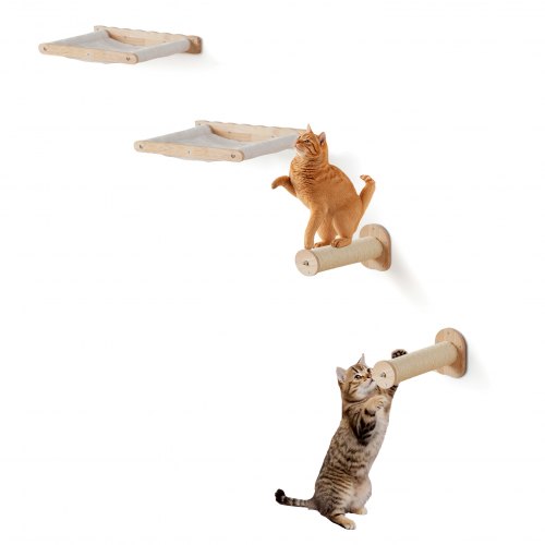 foto del prodotto vevor mensole da parete per gatti con pali per saltare e amache, set di mobili da parete per gatti fino a 18,14 kg pile di corallo rimovibile lavabile per dormire, giocare, arrampicarsi, set da 4