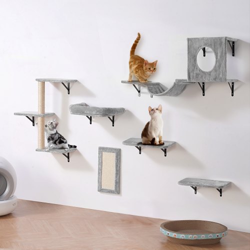 foto del prodotto vevor mensole da parete per gatti set 6, posatoi montati a parete per gatti con trampolini, amaca, divano, albero per gatti, set di mobili da parete per gatti fino a 18,14 kg per dormire, arrampicarsi