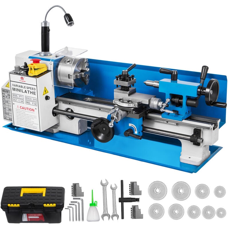 foto del prodotto vevor mini tornio 550 w in metallo da banco 17 x 35cm velocita regolabile con 3 griffe, mini macchina di tornio da tavolo per lavorazione di