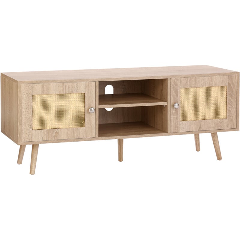 foto del prodotto vevor mobile tv in rattan, mobile tv boho per tv, moderno di meta secolo, console tv in rattan con ripiani regolabili per soggiorno, sala