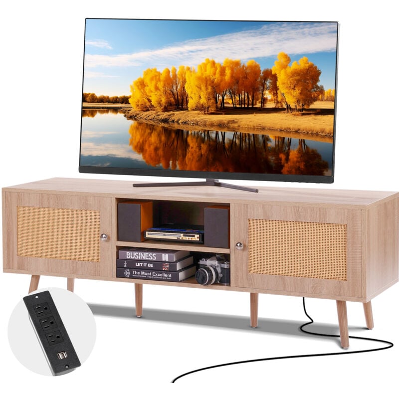 foto del prodotto vevor mobile tv in rattan, mobile tv moderno mid century per tv da 1651 mm, mobile tv boho in rattan con presa integrata e porte usb, ripiani