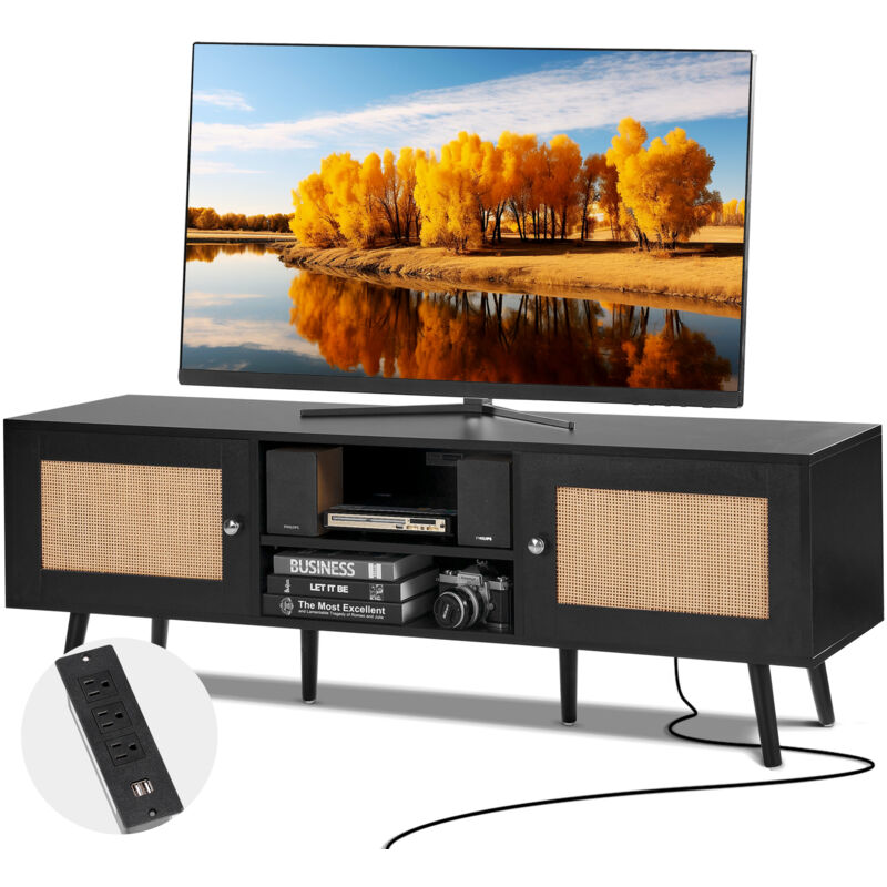 foto del prodotto vevor mobile tv in rattan, mobile tv moderno mid century per tv da 1651 mm, mobile tv boho in rattan con presa integrata e porte usb, ripiani