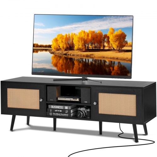 foto del prodotto vevor mobile tv in rattan per tv da 1651 mm mobile boho presa incorporata nero