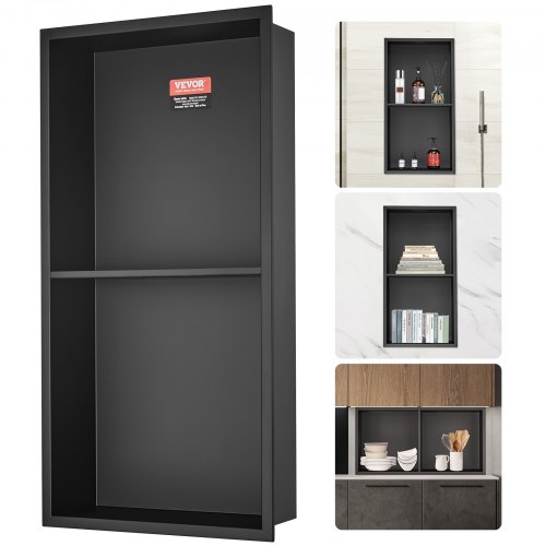 foto del prodotto vevor nicchia da incasso per bagno 33,02 x 63,5 cm, nicchia doccia a parete doppio ripiano in acciaio inox 304 sigillato, nicchia da incasso da muro in acciaio inox per riporre sapone da bagno, nero