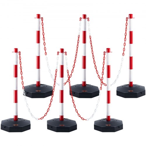 foto del prodotto vevor paletti stradali paletti di segnalazione 6 pezzi lunghezza catena 2 m, paletti di segnalazione per marciapiedi, set di paletti barriera stradale rossi bianchi base riempibile con acqua sabbia