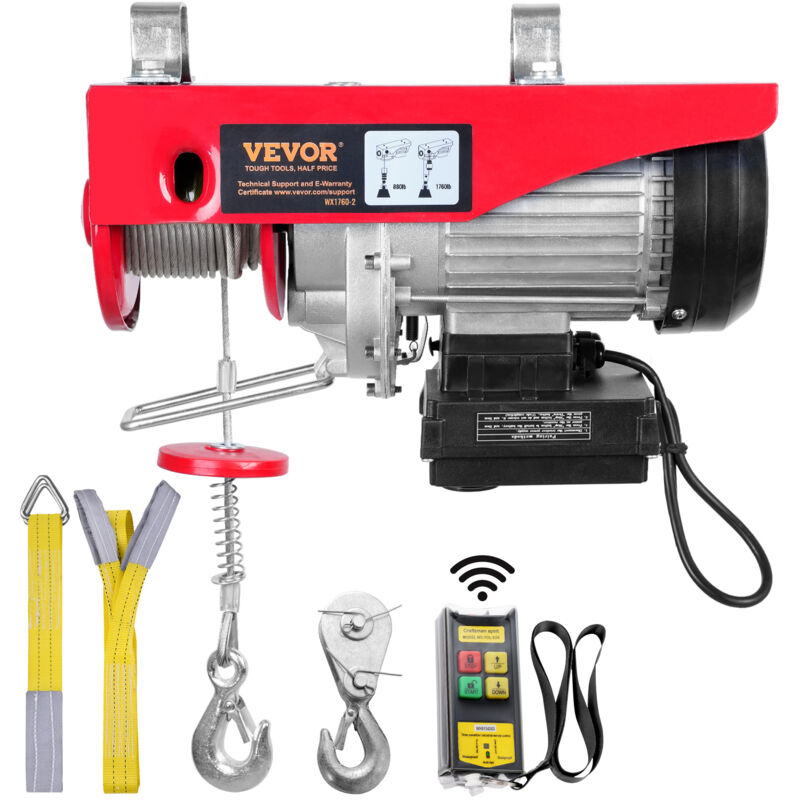 foto del prodotto vevor paranco a leva elettrico 1450 w carico max. da 800 kg motore rame puro con telecomando senza filo distanza da 10m, paranco elettrico a leva per
