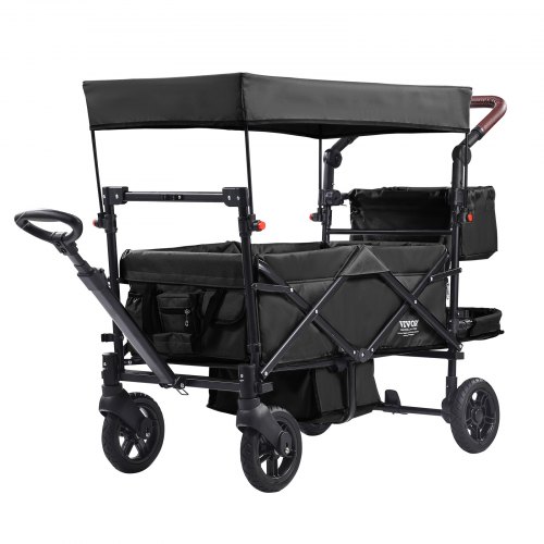 foto del prodotto vevor passeggino wagon per 2 bambini, passeggino pieghevole con maniglia regolabile, tettuccio rimovibile, lmbracatura circolare, 4 ruote con freni, passeggino portatile multifunzione campeggio, nero