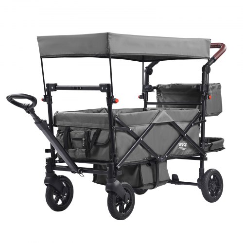 foto del prodotto vevor passeggino wagon per 2 bambini, passeggino pieghevole con maniglia regolabile, tettuccio rimovibile, lmbracatura circolare, 4 ruote freni passeggino portatile multifunzione campeggio, grigio