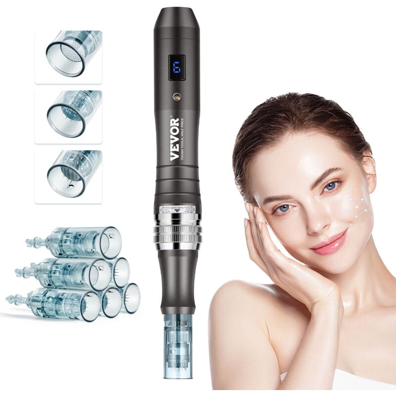 foto del prodotto vevor penna microneedling, penna derma elettrica con 6 cartucce usa e getta, dispositivo bellezza dermapen con 6 velocita variabili, display lcd e