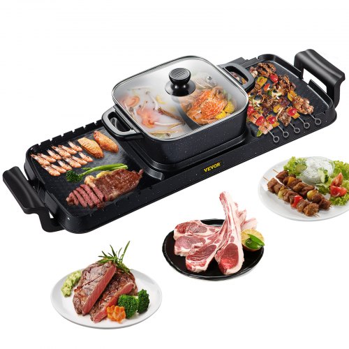 foto del prodotto vevor pentola calda 800w piastra grill elettrica 1600w da tavolo bbq festa uso casalingo 2400w, hotpot elettrico con piastra doppia grill da banco per esterni temperatura regolabile, hotpot elettrico