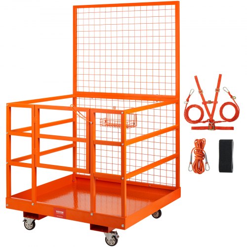 foto del prodotto vevor piattaforma cestello di sicurezza in acciaio 114,3 x 109,2 x 203,2 cm capacit carico max. 635kg, cesta per muletto con piattaforma di lavoro portapersone uso industriale in acciaio con ruote