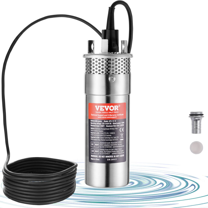foto del prodotto vevor pompa acqua solare, pompa sommergibile pozzi profondi da 120 w, 12 v cc, 3,2 gpm, sollevamento 70 m, immersione massima 30 m, pompa acqua