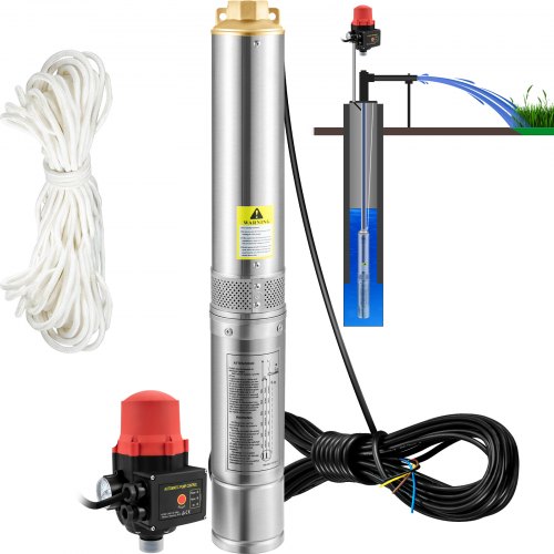 foto del prodotto vevor pompa d acqua sommergibile 550w flusso 50l min per piscina giardino orto in acciaio inox, pompa sommersa per pozzi profondi 230v prevalenza max. 89m, pompa pozzo con interruttore di pressione