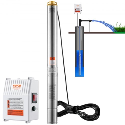 foto del prodotto vevor pompa sommergibile per pozzi profondi, ip68 1500 w 230 v 60 hz, massima portata 9,8 m h prevalenza 108 m, cavo 19,4 m scatola controllo, acciaio inox per irrigazione industriale uso domestico