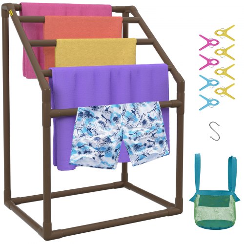 foto del prodotto vevor porta asciugamani da piscina, 5 barre, marrone, organizzatore portaoggetti indipendente a bordo piscina in pvc trapezoidale, con clip, borsa a rete e gancio, per riporre le pagaie, spiaggia