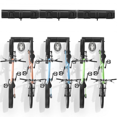 foto del prodotto vevor portabiciclette, 6 portabiciclette e 3 ganci per caschi, gancio portabiciclette per montaggio parete, personalizzabile per varie dimensioni, supporta fino a 136 kg, 1219 mm per casa e garage