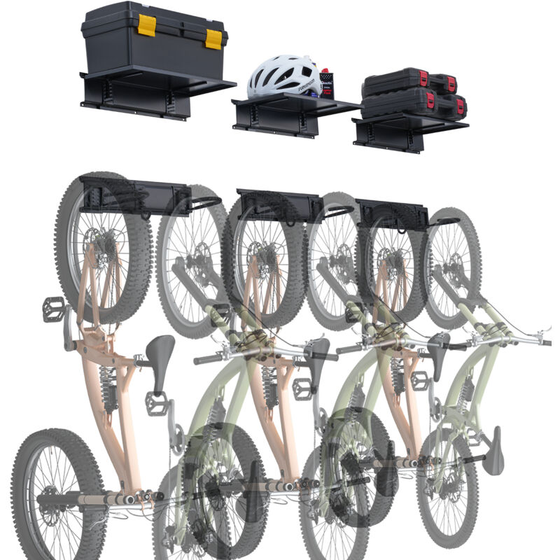 foto del prodotto vevor portabiciclette, 6 portabiciclette larghezza 1219,2 mm, supporto a parete per deposito biciclette con 3 ripiani, organizer per casa e garage,