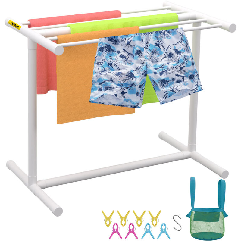 foto del prodotto vevor portasciugamani da piscina, 5 barre, bianco, organizzatore di stoccaggio a bordo piscina a forma di t in pvc per esterni autoportante, include
