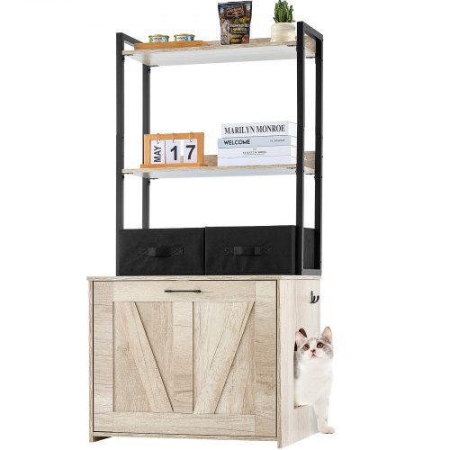 foto del prodotto vevor recinto per lettiera per gatti 599,4 x 500 x 1270 mm mobiletto per lettiera nascosto con 2 ripiani portaoggetti e 2 cestini, bagno per gatti in legno, adatto alla maggior parte delle lettiere