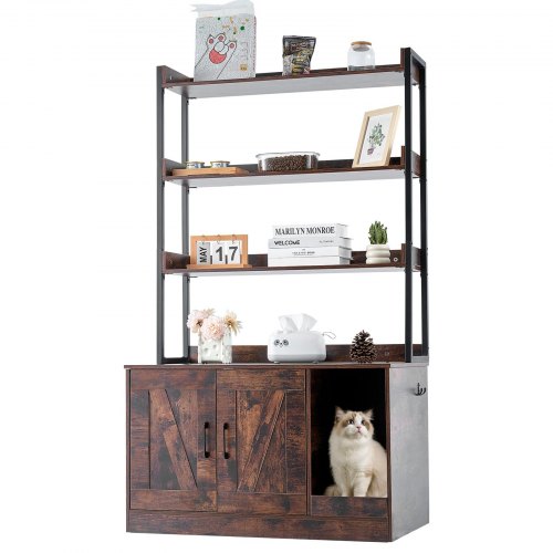 foto del prodotto vevor recinto per lettiera per gatti 850,1 x 490,2 x 1490 mm mobiletto per lettiera nascosto 3 ripiani portaoggetti, bagno per gatti in legno, adatto alla maggior parte delle lettiere, marrone scuro