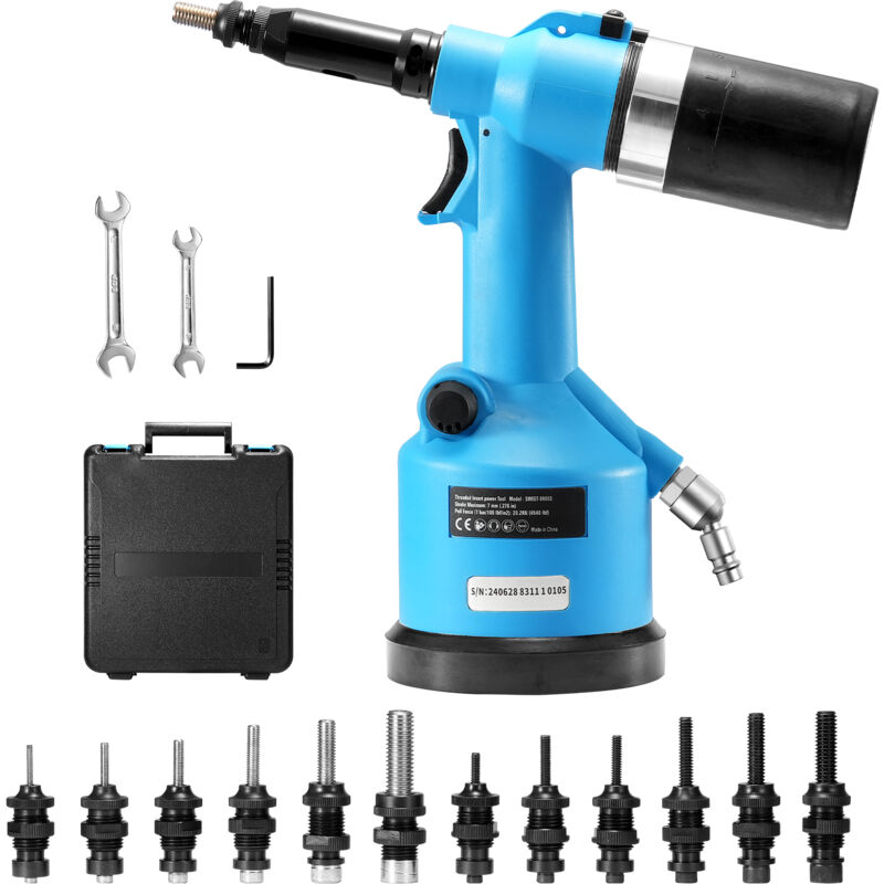 foto del prodotto vevor rivettatrice pneumatica, kit di rivettatrice pneumatica, con forza di trazione di 20,2 kn, 13 misure di punte per rivetti pop idraulici ad