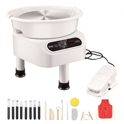 foto del prodotto vevor ruota per ceramica, macchina per formare ceramica ruota elettrica, con pedale touch screen lcd strumenti di modellazione, 3 gambe di supporto, per artigianato artistico, 450 w, 280mm, bianco