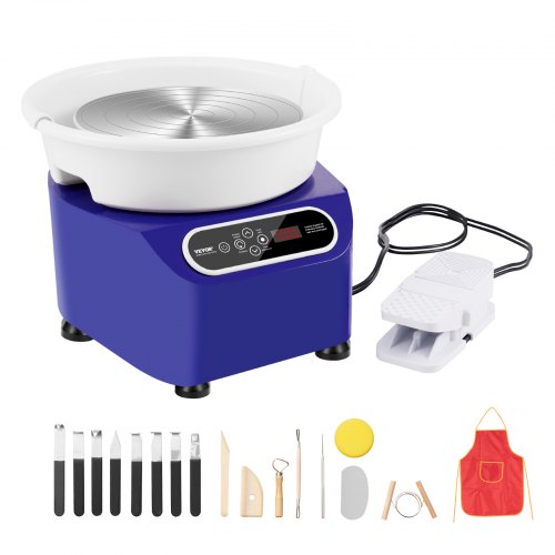 foto del prodotto vevor ruota per ceramica, macchina per formare ceramica ruota elettrica, con pedale touch screen lcd strumenti di modellazione, ruota a trasmissione, per artigianato artistico, 450 w, 280mm, blu