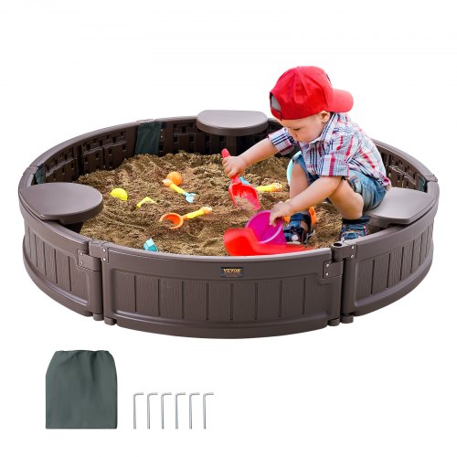 foto del prodotto vevor sabbiera con coperchio 120 x 23 cm sabbiera rotonda in hdpe con 3 posti ad angolo, rivestimento del fondo, per cortile all aperto, spiaggia, parco, per ragazzi, ragazze dai 3 ai 12 anni, marrone