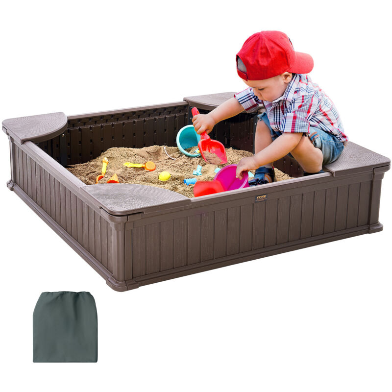 foto del prodotto vevor sabbiera con coperchio 1235 x 1235 x 315 mm sabbiera quadrata in hdpe con 4 posti ad angolo e rivestimento del fondo, sabbiera per bambini
