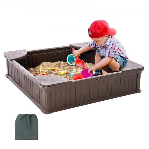 foto del prodotto vevor sabbiera con coperchio 1235 x 1235 x 315 mm sabbiera quadrata in hdpe con 4 posti ad angolo e rivestimento del fondo, sabbiera per bambini 3 12 anni per cortile all aperto, spiaggia, marrone