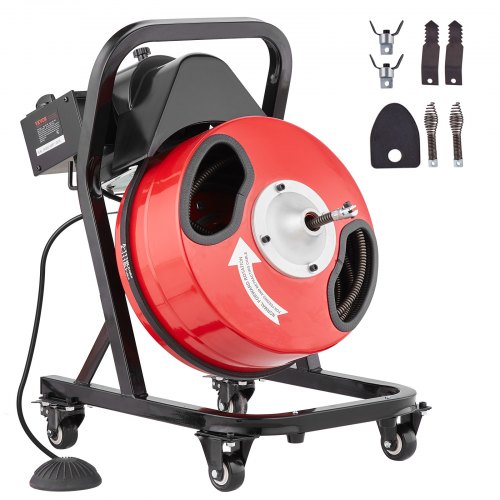 foto del prodotto vevor sbloccatubi elettrico 15m x 1,27cm macchina per pulizia dei tubi scovolino manuale con ruote con 4 taglierine, azionamento pneumatico a pedale per tubi da 5 10 cm, macchina per pulizia tubi