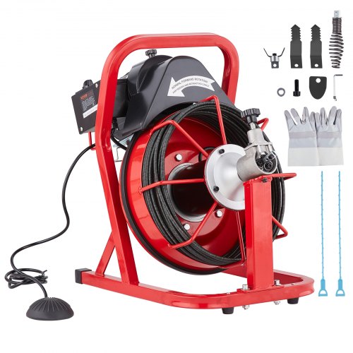 foto del prodotto vevor sbloccatubi elettrico 15m x 7,62mm macchina per la pulizia dei tubi alimentazione automatica pulitore per tubi di scarico con 4 taglierine, azionamento a pedale pneumatico per tubi da 5 10 cm