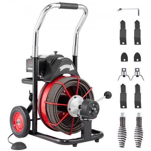 foto del prodotto vevor sbloccatubi elettrico 30m x 1,27cm macchina per pulizia tubi alimentazione automatica su ruote scovolino per tubi, 550w, 8 taglierine, azionamento ad aria a pedale per tubi da 5-10 cm