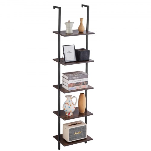 foto del prodotto vevor scaffale a scala, scaffale da 5 ripiani 400 x 300 mm, mensole galleggianti da parete aperto con struttura in metallo, supporto portaoggetti per cucina, bagno, soggiorno, studio, colore nero