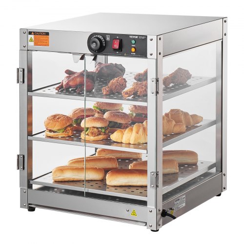 foto del prodotto vevor scaldavivande commerciale a 3 livelli, scaldavivande da 800 w con luce per migliorare l esposizione degli alimenti, controllo della temperatura da 30 85 , grande capacit di 90 litri per hamburger, pizza, pane, pollo fritto