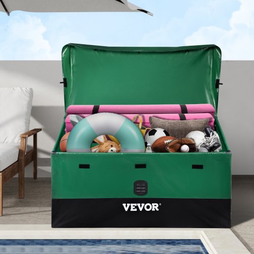 foto del prodotto vevor scatola per stoccaggio da esterno in pe impermeabile con coperchio manici laterali volume da 440l, contenitore porta attrezzi da giardino con coperchio inclinata capienza 440l, baule da giardino
