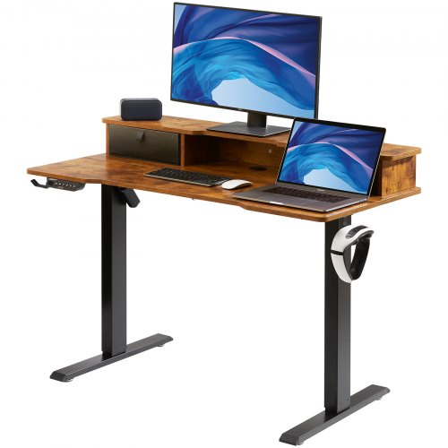 foto del prodotto vevor scrivania regolabile in altezza da ufficio home office studio piano di lavoro 1,2 x 0,6 m con cassetti 2 ripiani, scrivania ergonomica altezza regolabile capacit carico massima 82 kg marrone